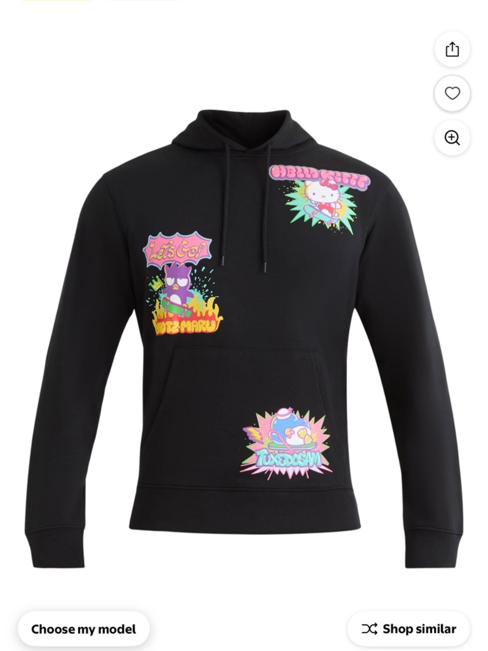 Black Graphic Pullover Hoodie with Neon Cartoon Patches